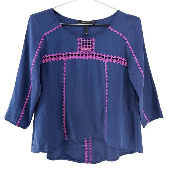 BCBGMaxAzria Tops - BCBGMAXAZRIA Mara 100% Silk 3/4 Sleeve Blouse • XS • navy blue, purple • lace